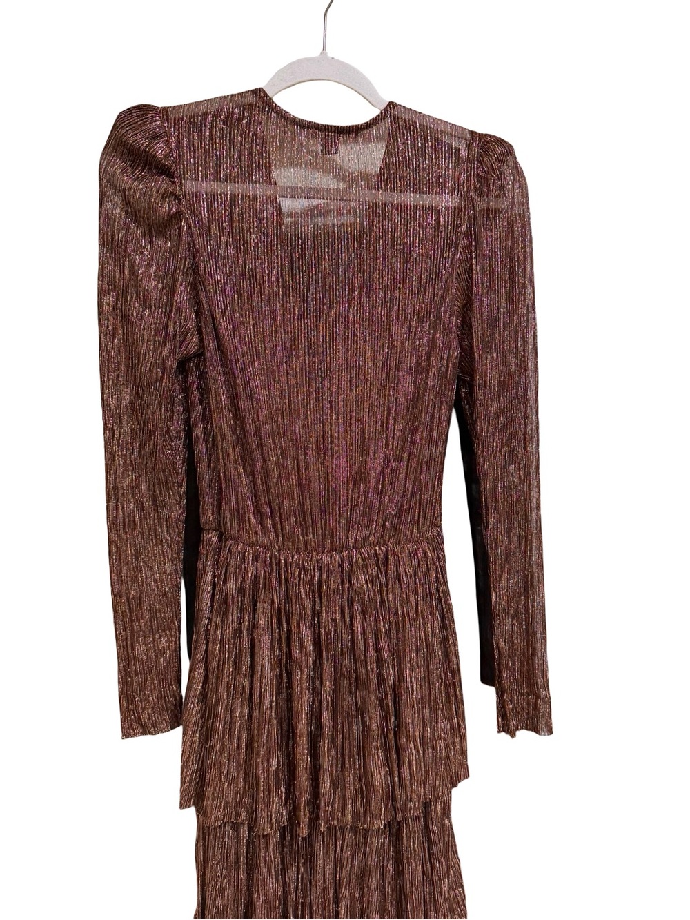 โจ Sabina Musayev Carry Metallic Pleated Tiered Maxi Dress Bronze Size Medium - Picture 15 of 16